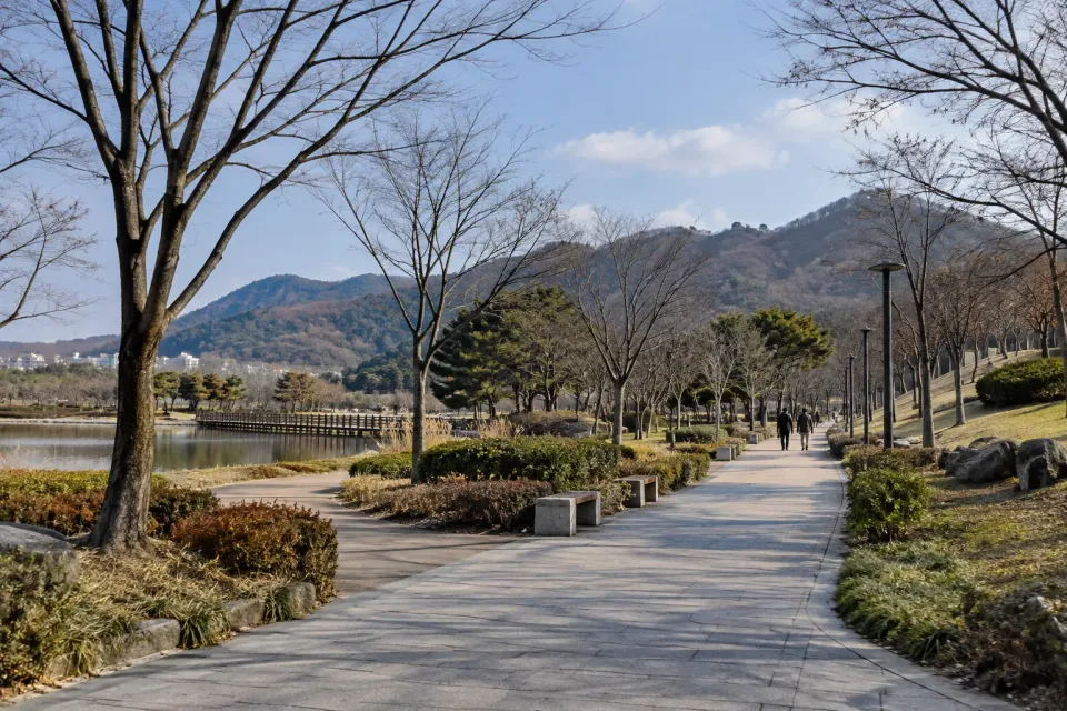 Winter park scene inspired by Jungoe Park in Gwangju