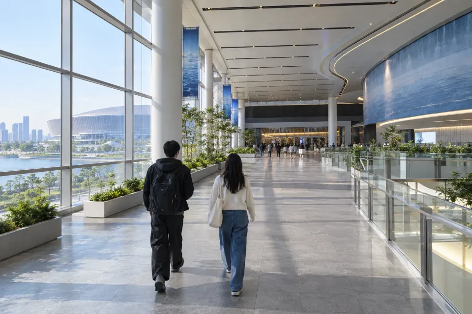 Illustrative indoor resort walk toward a joint music performance in Incheon