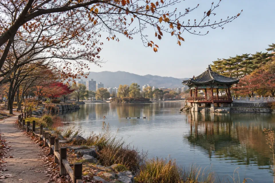 Lakeside travel scene inspired by Deokjin Park in Jeonju