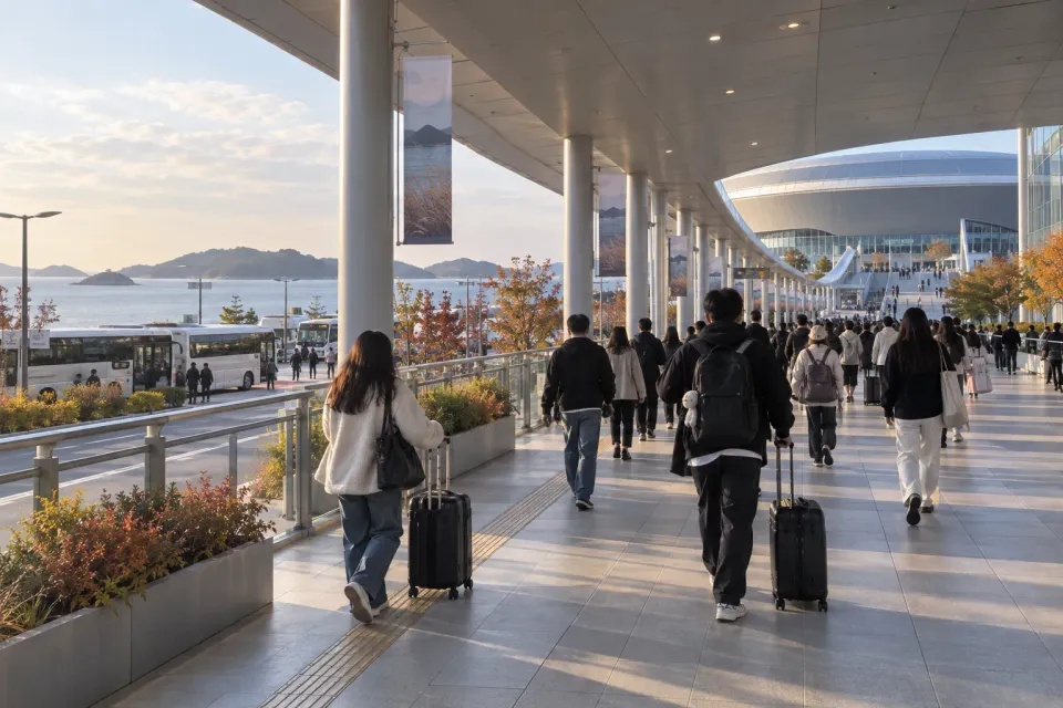 Illustrative airport-shuttle walkway toward an Incheon arena