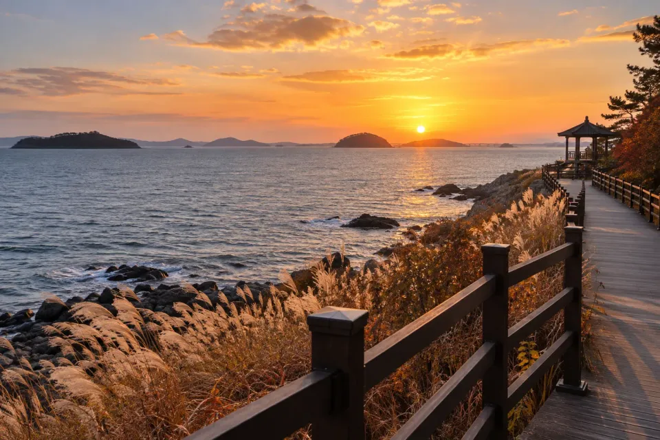Illustrative late-autumn sunset on Yeongjong Island's coast