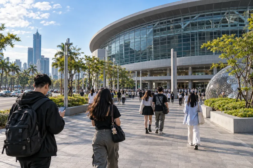 AI illustration of concert travellers approaching an urban venue in Kaohsiung