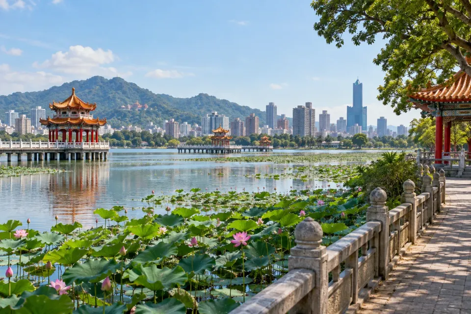 AI travel illustration inspired by Lotus Pond's lake and traditional pavilions