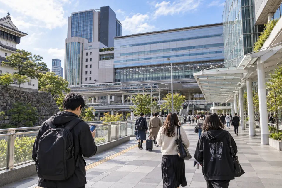 AI illustration imagining a concert traveller's walk through Kitakyushu