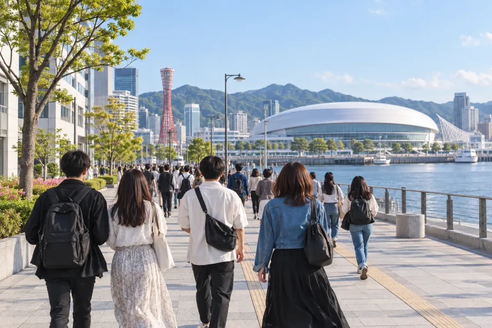 展示观众步行前往神户滨海场馆氛围的AI图片