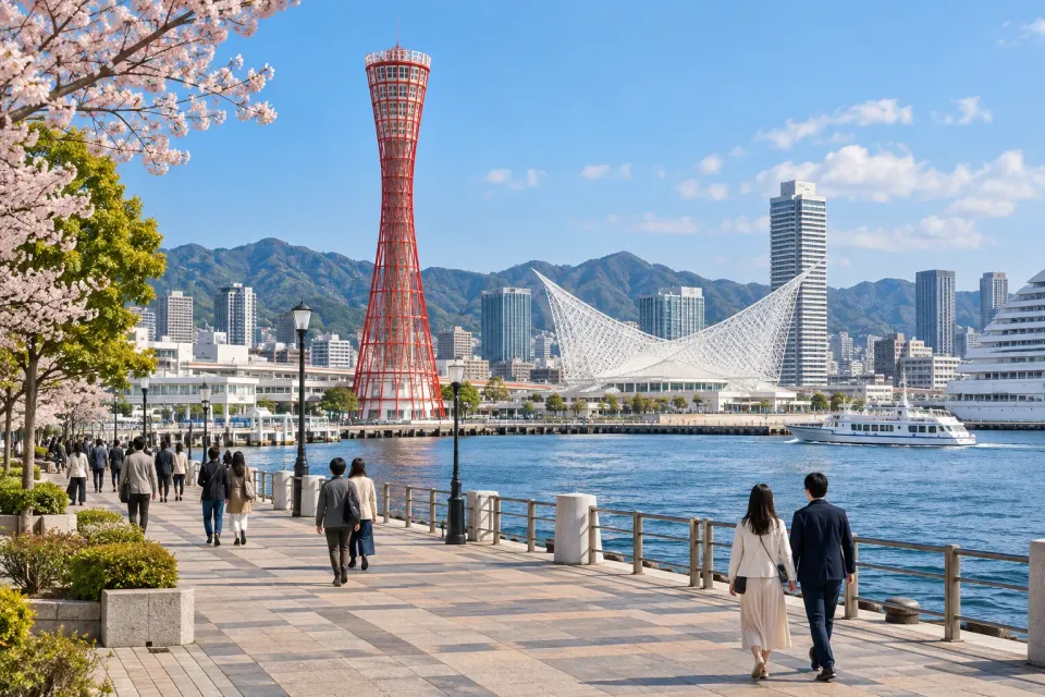 展示美利坚公园港口塔及海边散步氛围的AI旅行图片