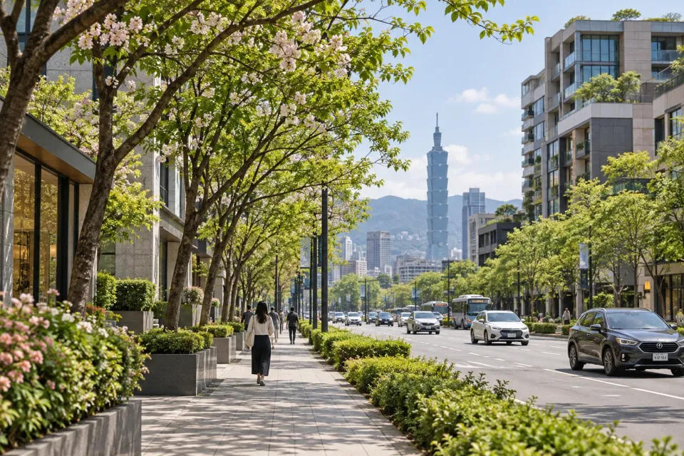 AI illustration inspired by Taipei's tree-lined streets and cityscape