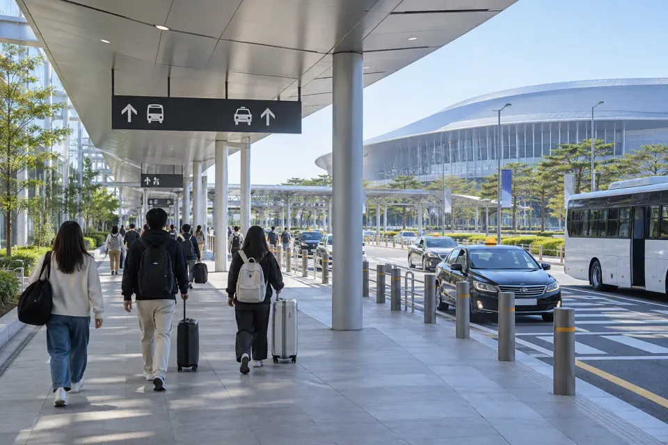 Illustrative airport-area walkway toward an Incheon concert arena