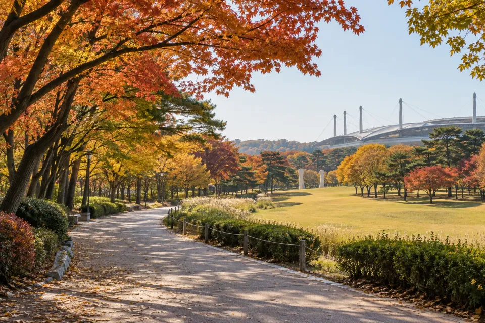 Illustrative fall walking paths and lawns inside Seoul Olympic Park