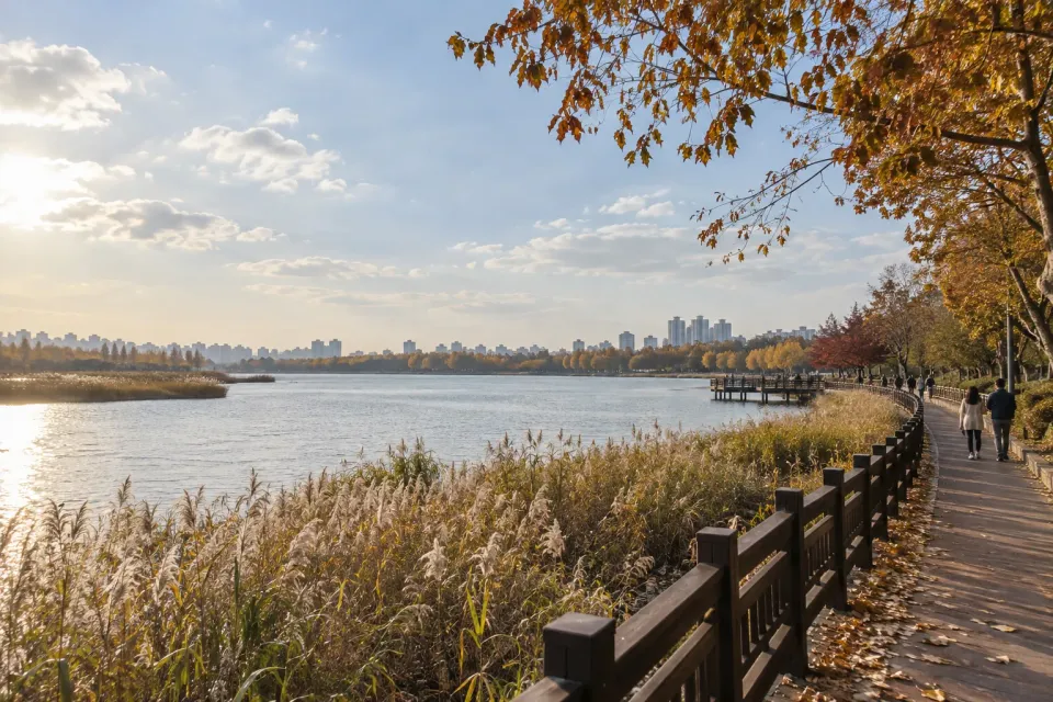 Lakeside regional travel scene inspired by Ilsan Lake Park in Goyang
