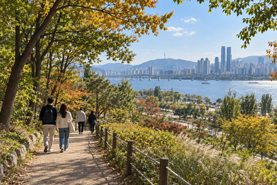首尔广津区林间散步道与城市远景的示意图