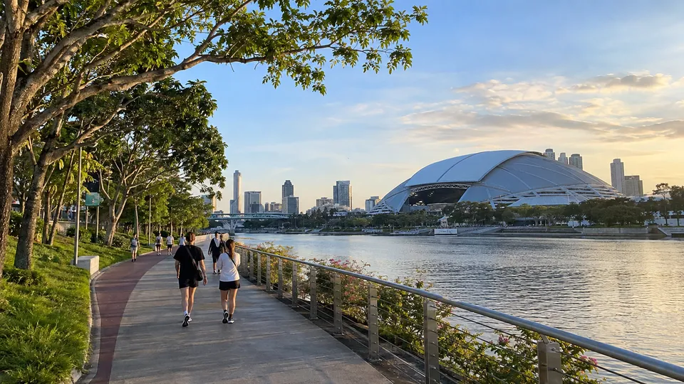 Kallang waterfront walking route with Singapore National Stadium in view