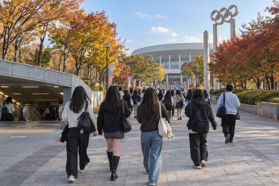 Editorial scene of an autumn pedestrian route from Olympic Park Station toward the concert hall