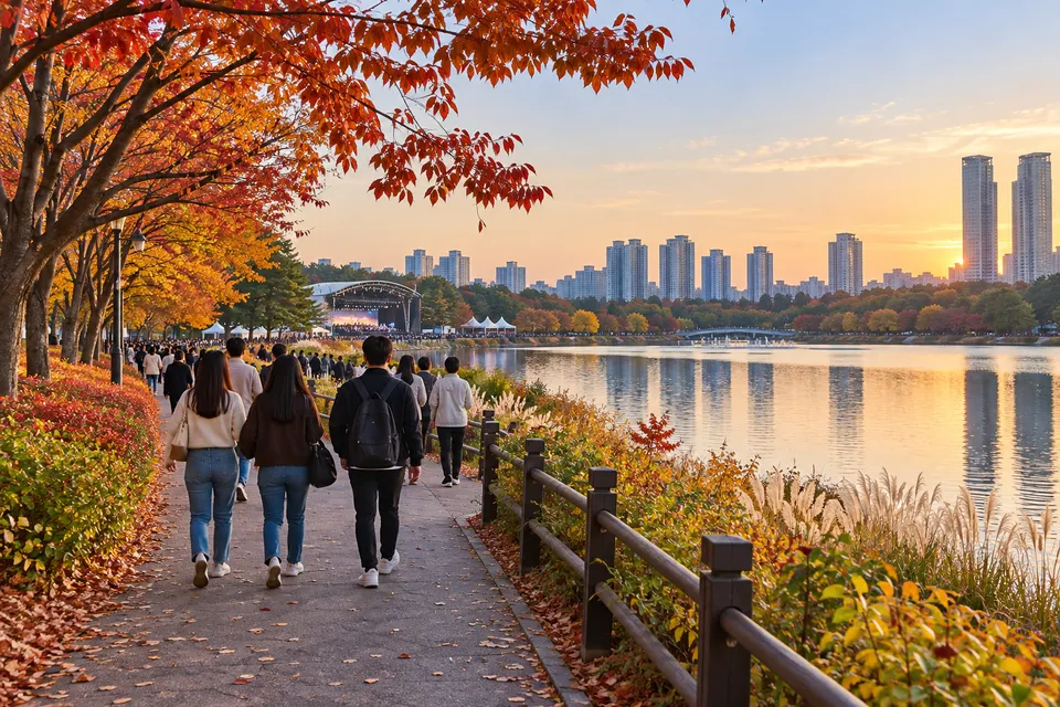 Generated autumn illustration of a walk by Ilsan Lake Park