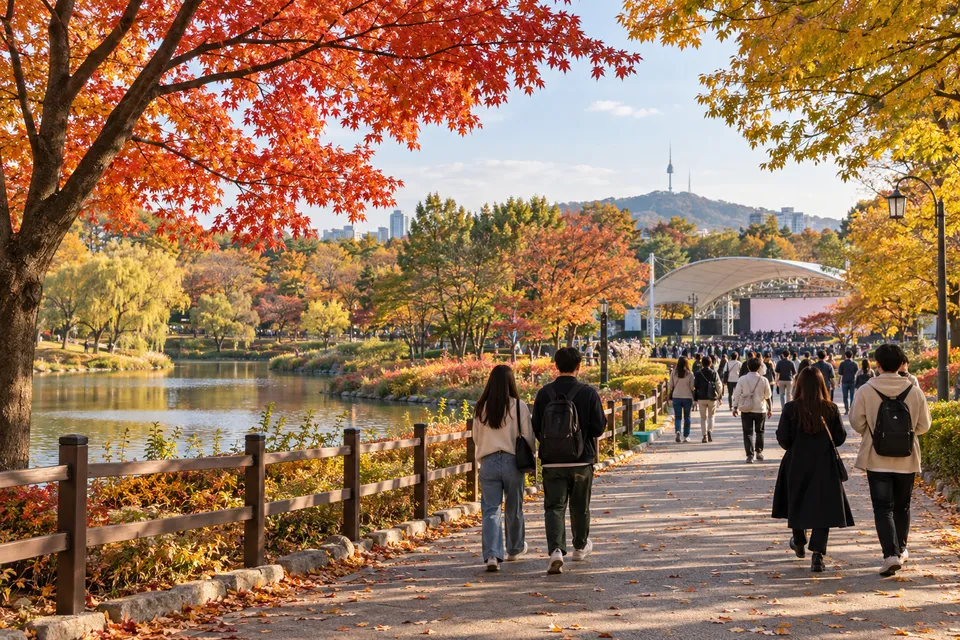 Generated illustration of an autumn walk in Seoul Children's Grand Park