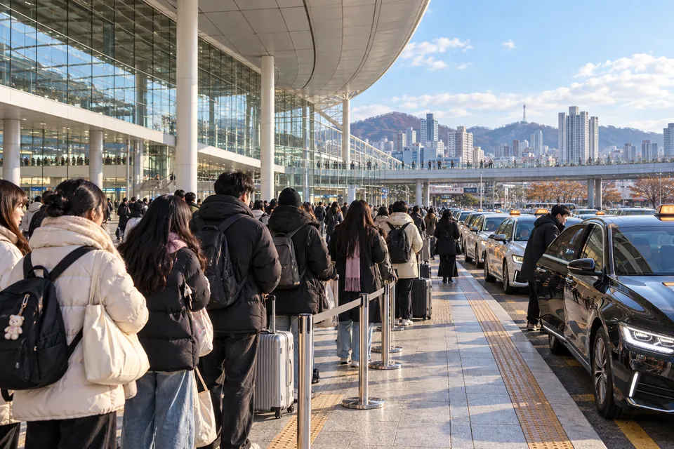 冬の大田で駅から公演へ向かうタクシー待機のイメージ