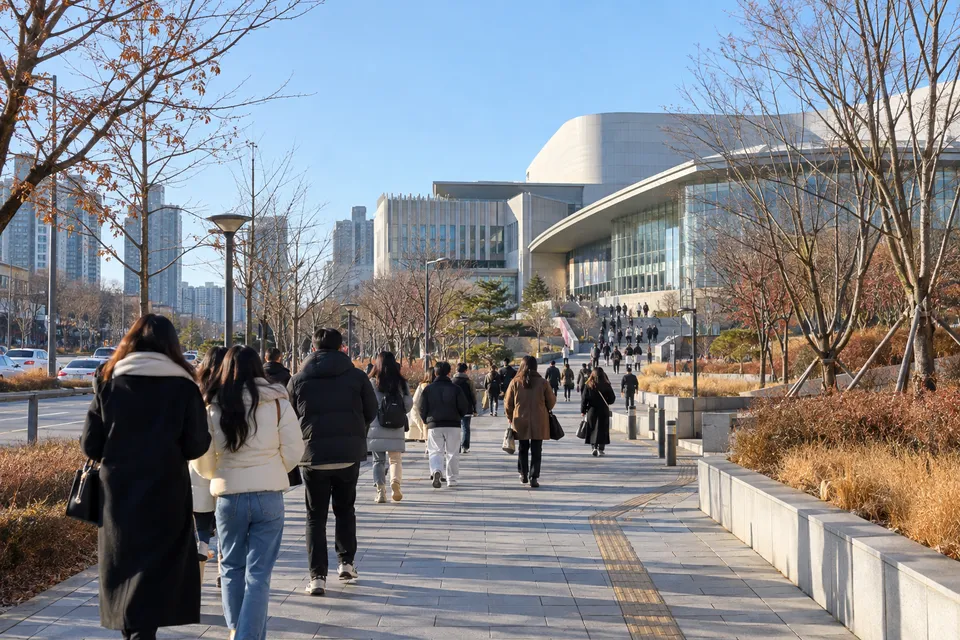 AI-generated winter approach to an arts venue in Goyang Ilsan
