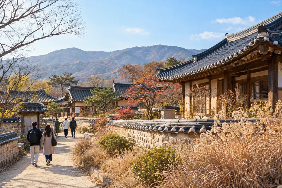 AI-generated outdoor pre-concert walk around traditional Korean houses