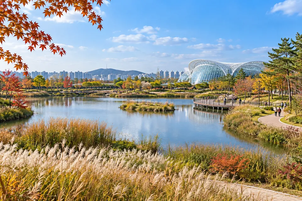 서울식물원 호수와 가을 산책길을 표현한 여행 분위기 이미지