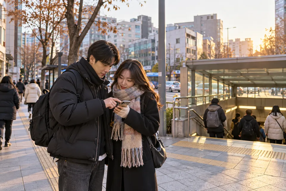 AI illustration of two winter concert visitors checking directions beside a Seoul subway entrance