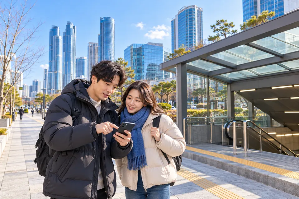 AI插画：冬日釜山地铁入口旁查看路线的观众