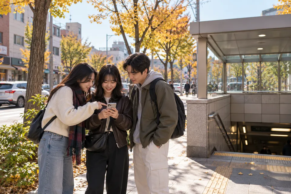 가을 서울의 지하철 입구 앞에서 이동 경로를 확인하는 관람객을 표현한 AI 일러스트