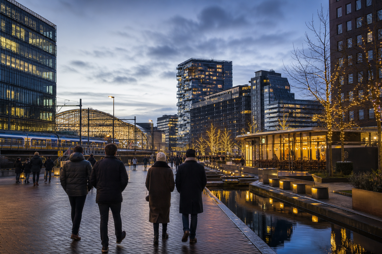 겨울 저녁 Amsterdam Bijlmer ArenA역 주변 보행자 거리와 운하를 걷는 여행자