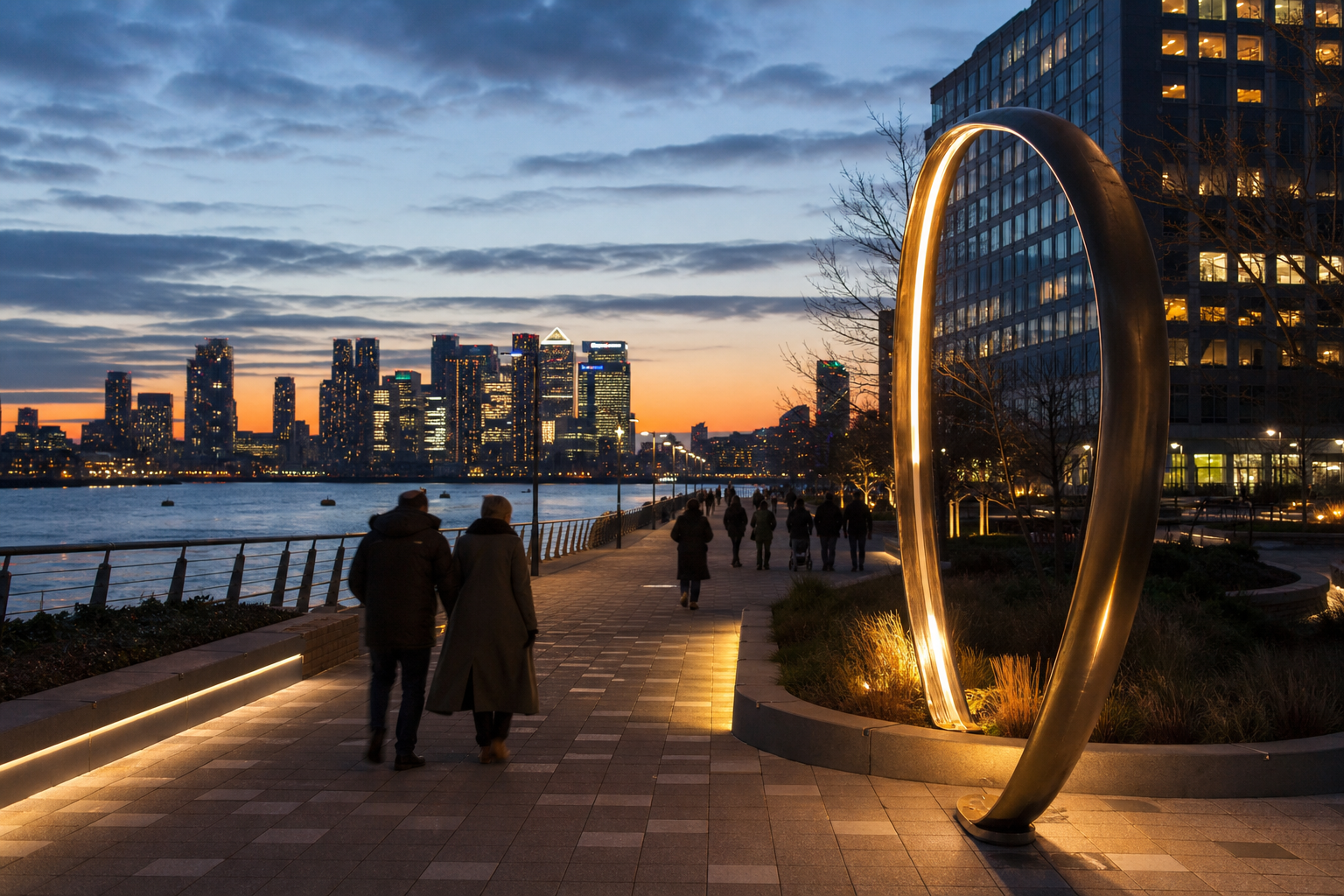 冬日黃昏Greenwich Peninsula泰晤士河步道與Canary Wharf夜景