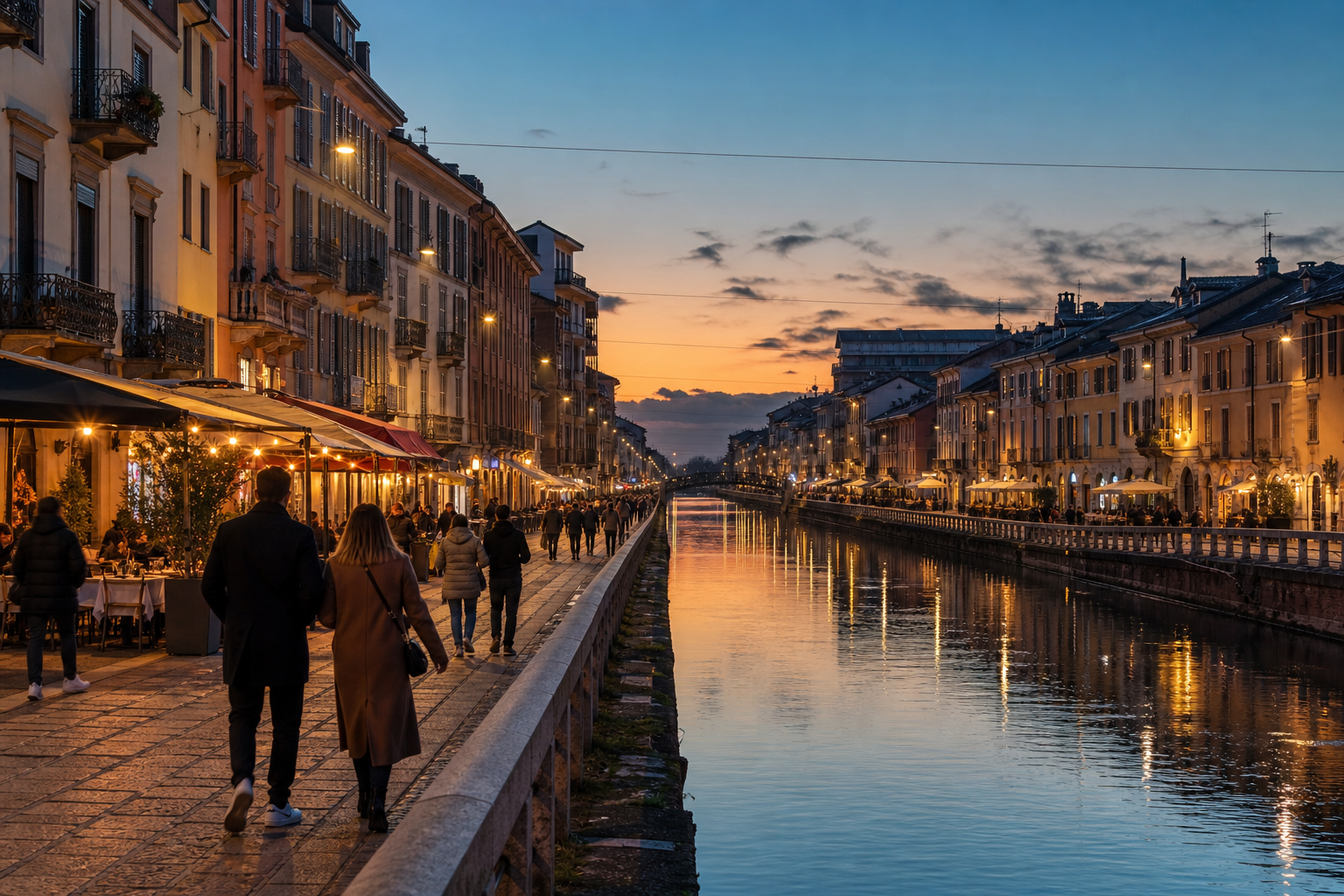 Travellers walking beside Milan’s Navigli canal and warm cafes at winter dusk