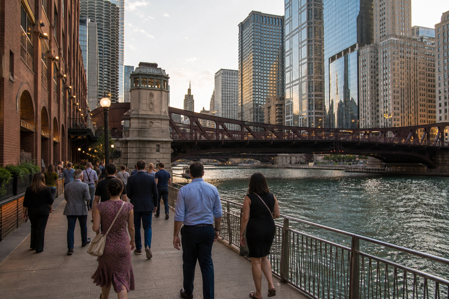 夕方のChicago Riverwalkで鉄橋と高層ビルの間を歩く公演旅行者