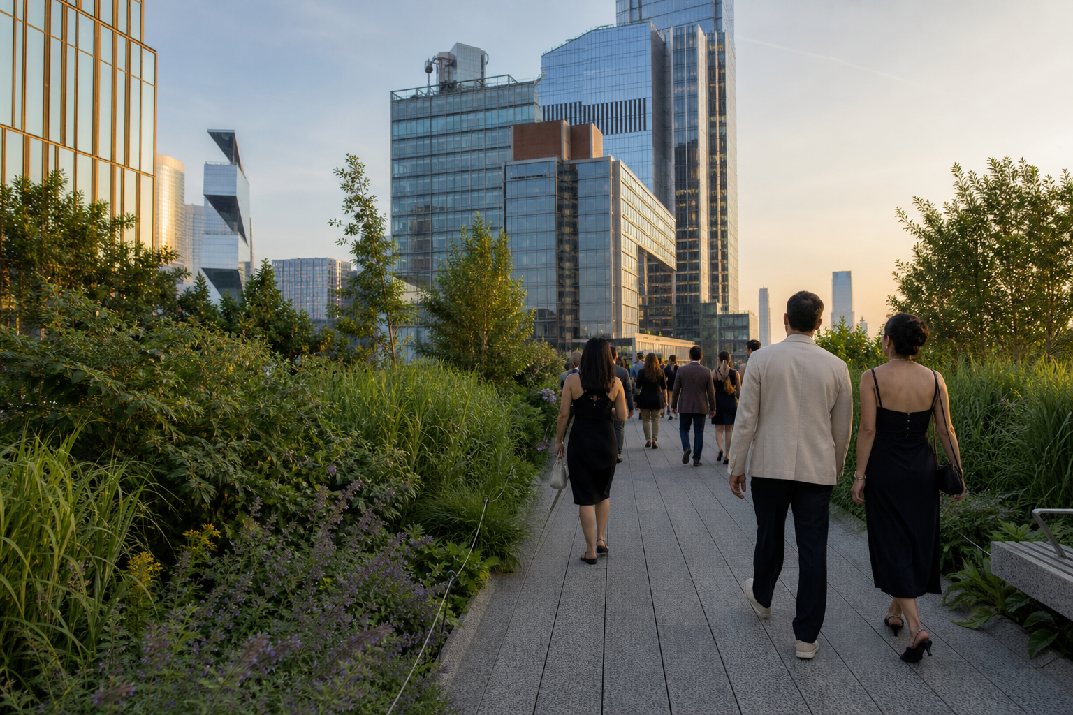夕方のHudson Yards近く、緑豊かなHigh Line北端を歩く公演旅行者
