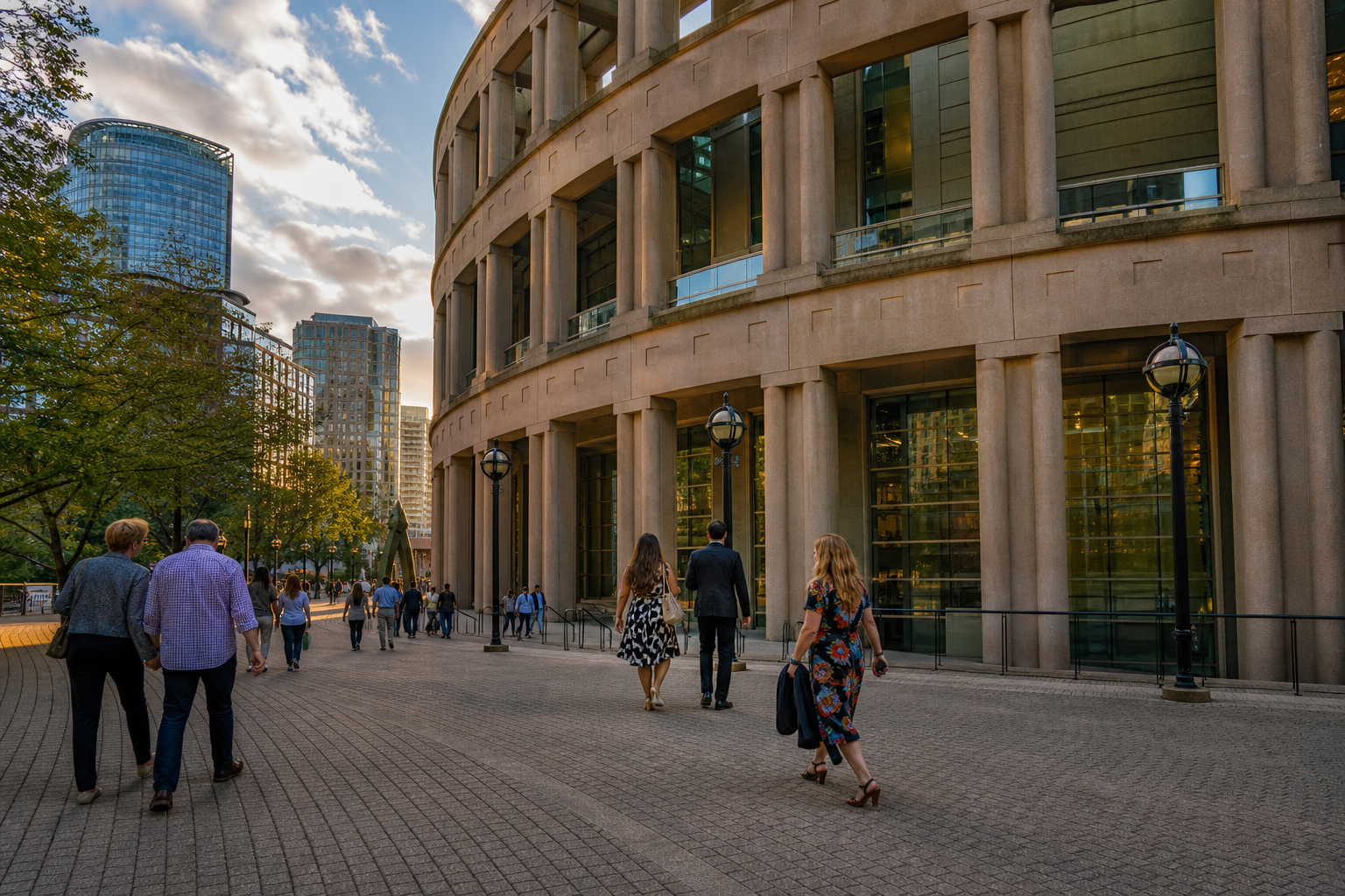 夕方のVancouver Central Library円形柱廊と広場を歩く公演旅行者