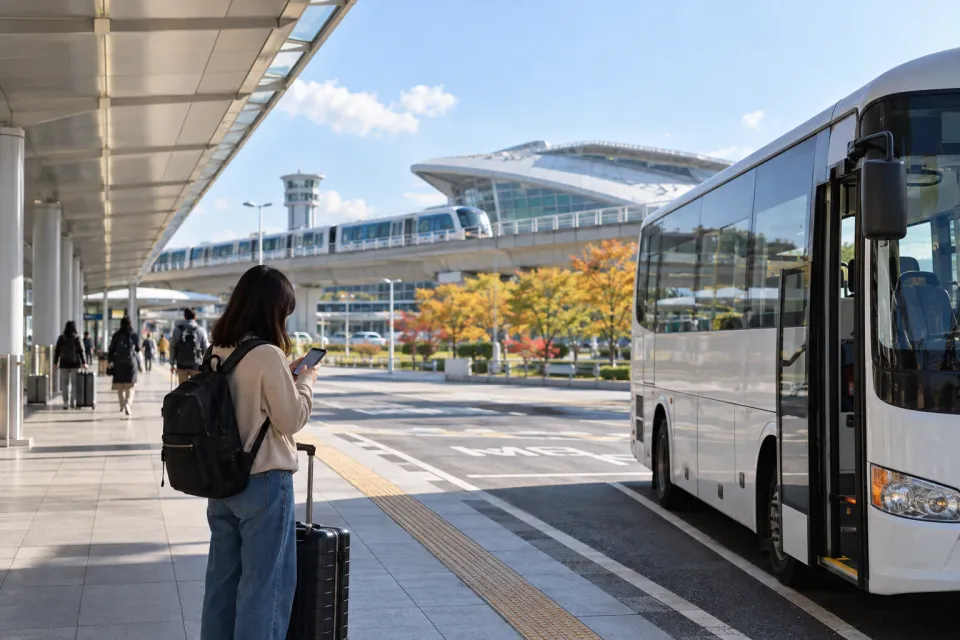 仁川の空港鉄道駅付近でシャトルを確認する旅行者を表現した画像