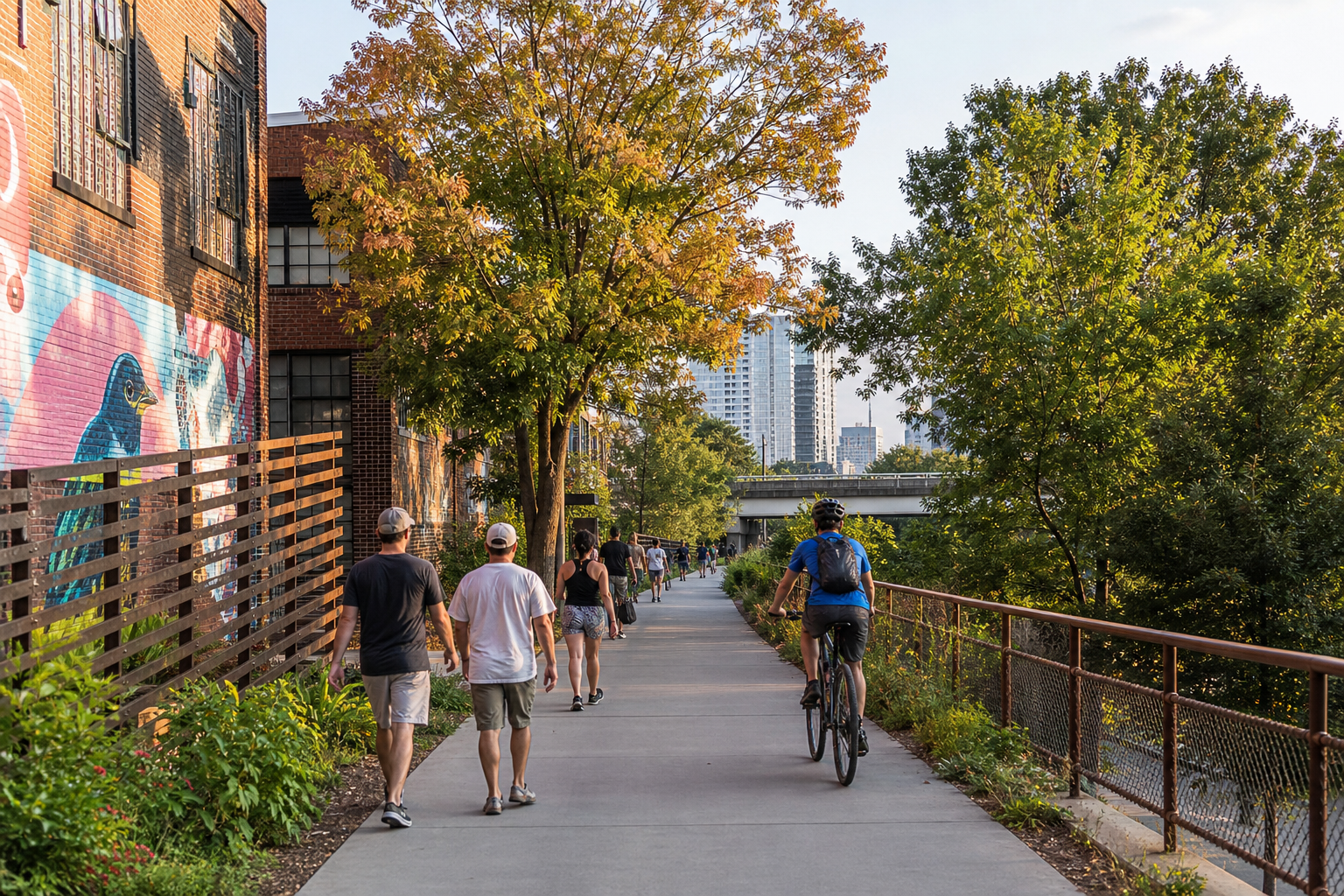 Atlanta BeltLineの煉瓦建築と壁画の横を歩き自転車で進む旅行者