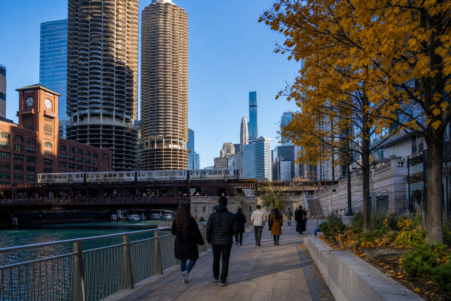 秋日旅客沿Chicago Riverwalk步行,远望Marina City圆柱塔楼与高架列车