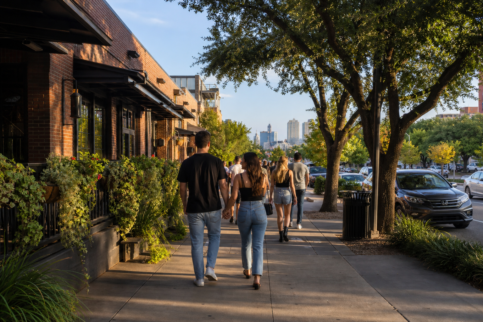 Travellers walking past shaded brick storefronts on Lower Greenville in Dallas in late afternoon