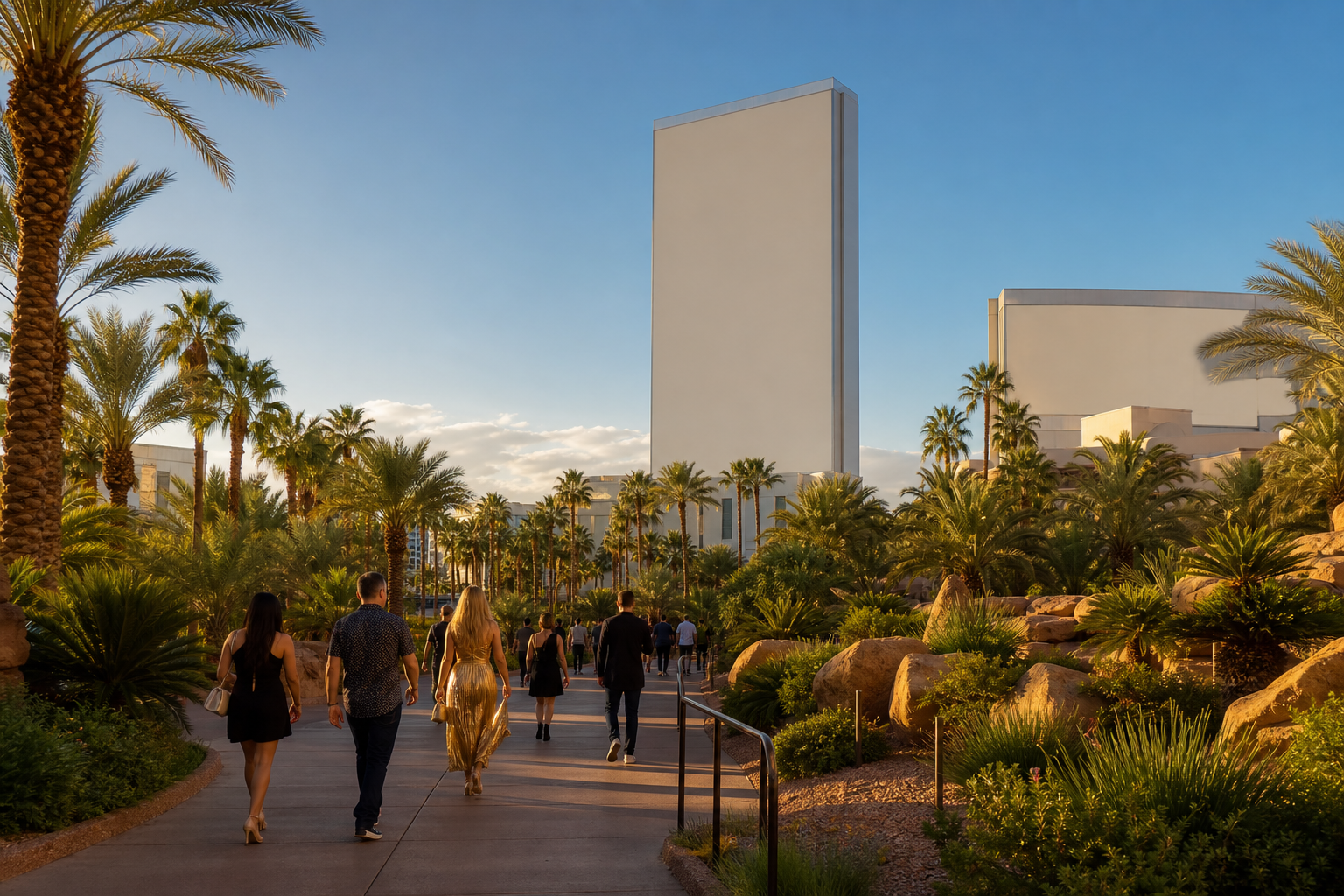 Travellers walking through palm-filled desert gardens at the south end of the Las Vegas Strip in late afternoon