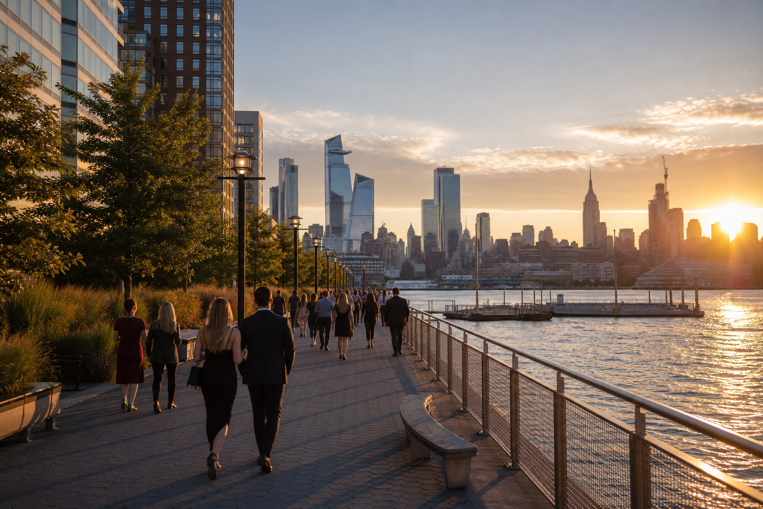 金色傍晚觀眾沿Hudson River步道行走,遠望紐約Midtown天際線