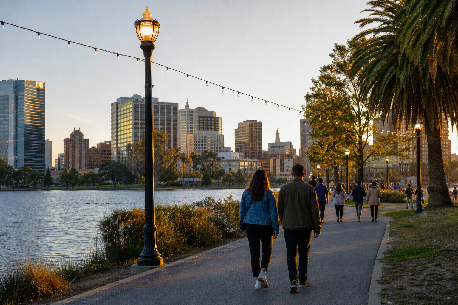 夕方のOakland Lake Merrittで灯り始めた街灯の横を歩く旅行者