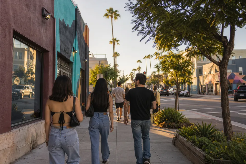 傍晚旅客走過San Diego North Park的彩色壁畫與棕櫚樹街道
