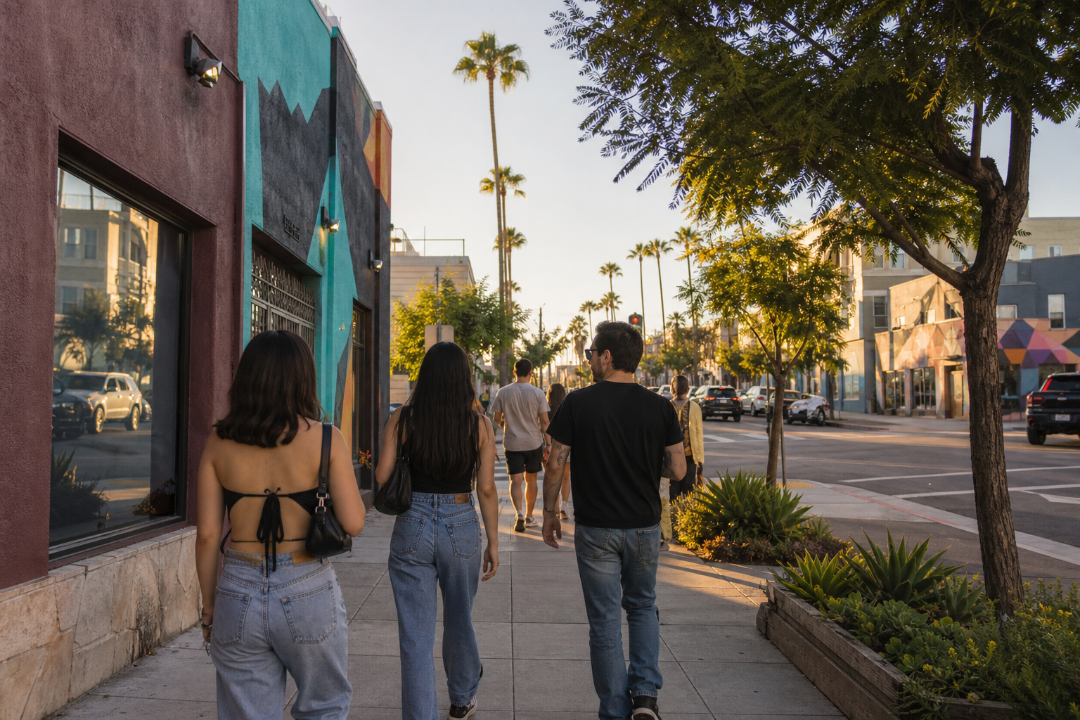 夕方のSan Diego North Parkで色彩壁画とヤシの通りを歩く旅行者