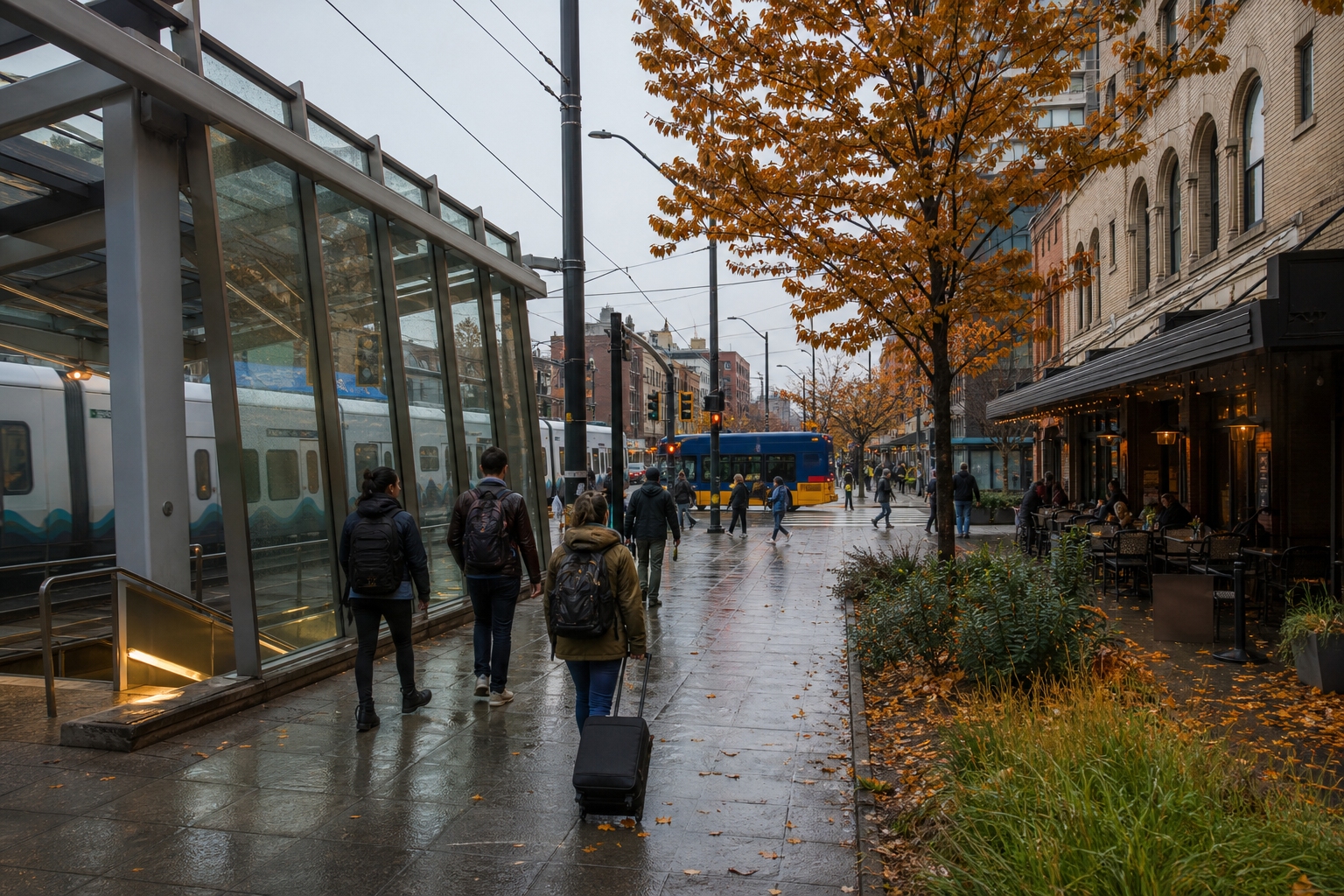 Travellers using transit and walking through Seattle’s rainy University District toward Neptune Theatre
