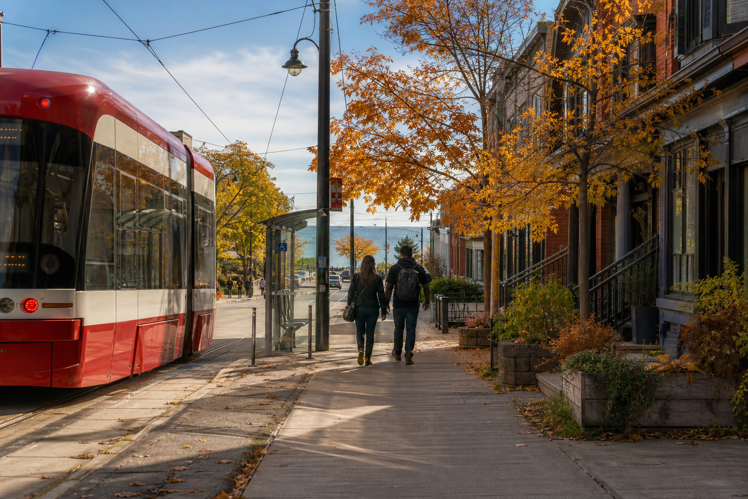 Travellers walking beside a red streetcar on Toronto’s Queen Street East toward the Beaches in autumn