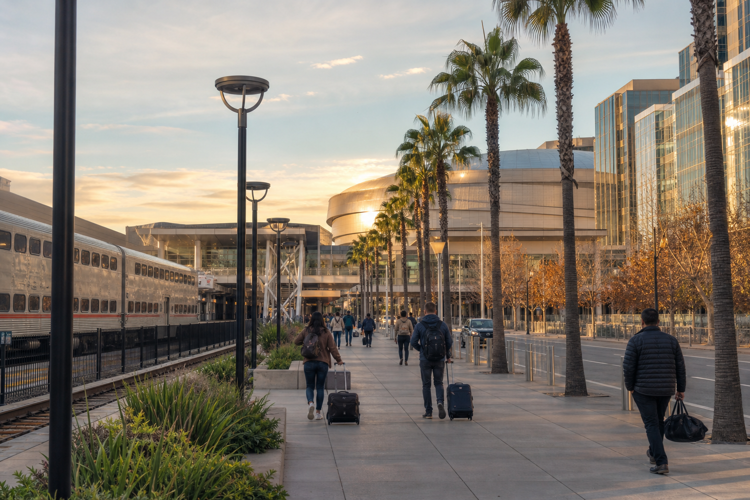 夕暮れのサンノゼDiridon Station周辺からアリーナ方面へ歩く旅行者とヤシ並木