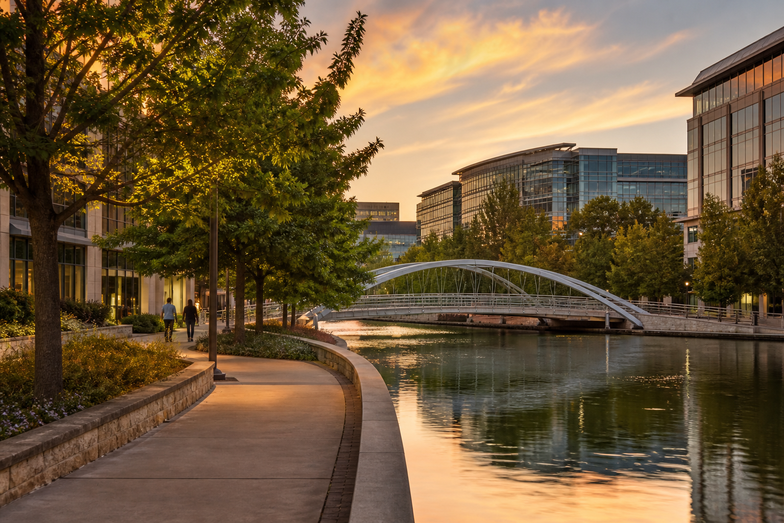 Canal promenade and pedestrian bridge at Las Colinas Urban Center in Irving at sunset