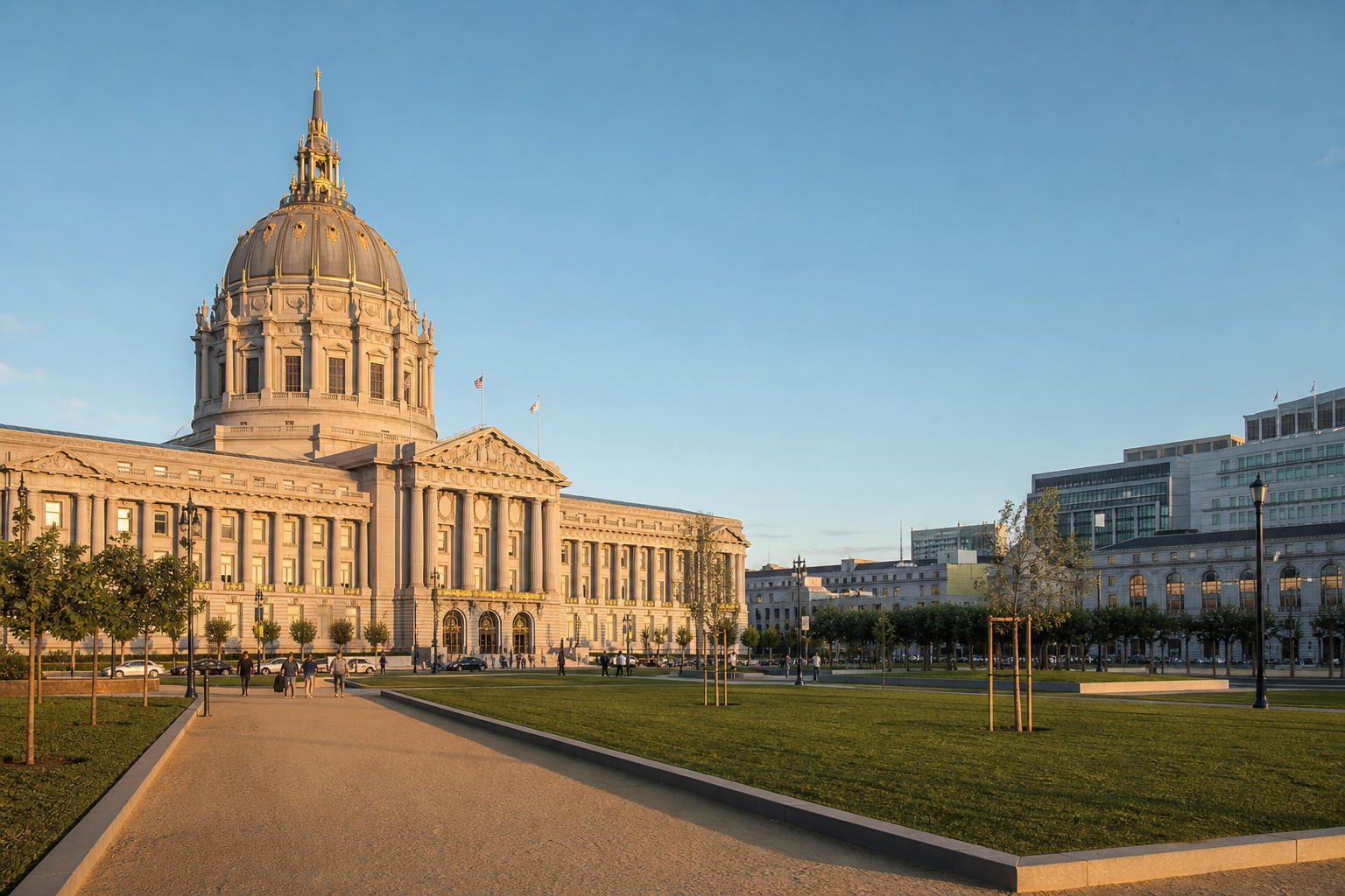 San Francisco City Hall dome and lawns at Civic Center Plaza in late-afternoon light