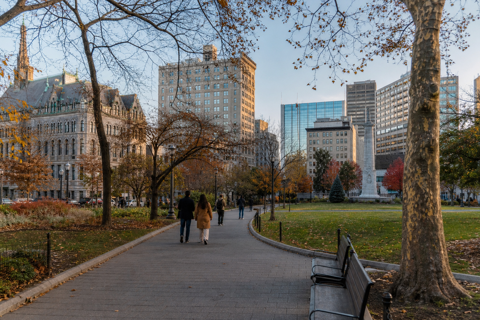 NewarkのMilitary Parkにある散策路と街並み、XG公演前の短い観光動線