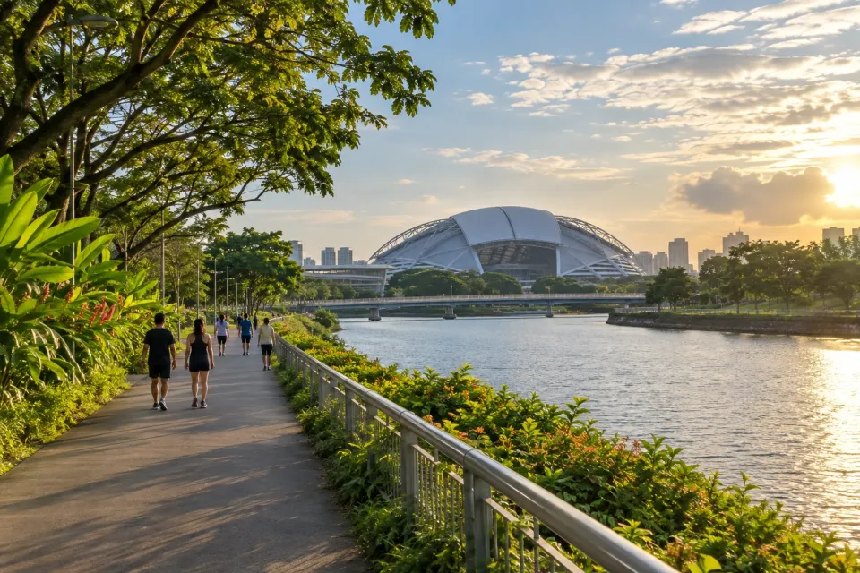 Generated editorial scene of the Kallang riverside path with the National Stadium in the distance