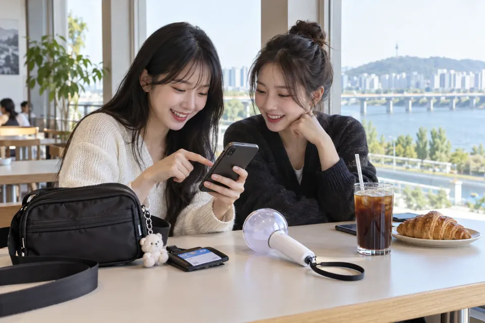 Concertgoers checking mobile tickets and small bags at a Seoul cafe