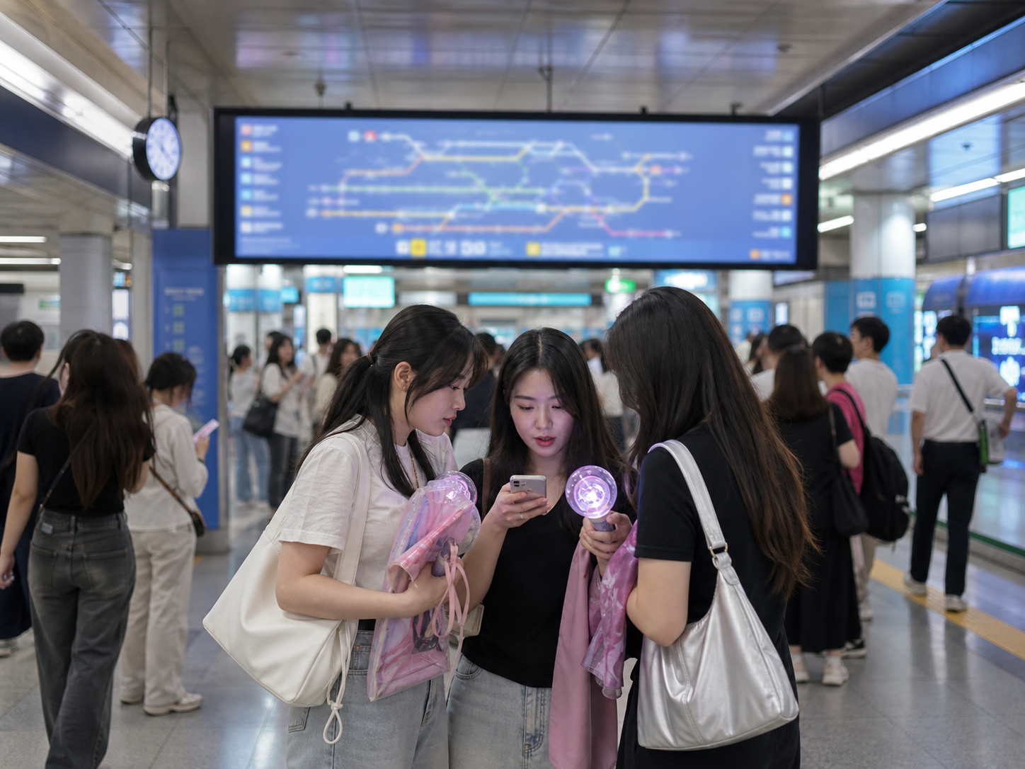 演出后查看地铁路线的观众